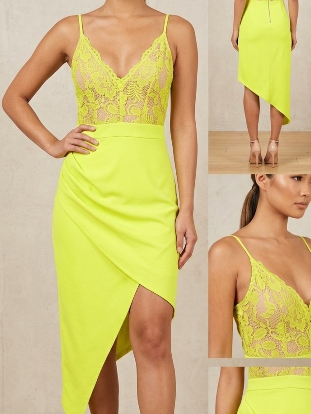 Lace Bodice Asymmetric Hem Dress - Neon Yellow